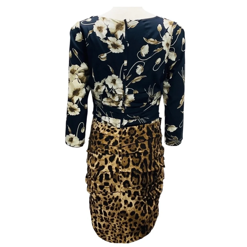 DOLCE & GABBANA BLACK MULTI FLORAL AND LEOPARD PRINT SILK MINI DRESS - Picture 3 of 4